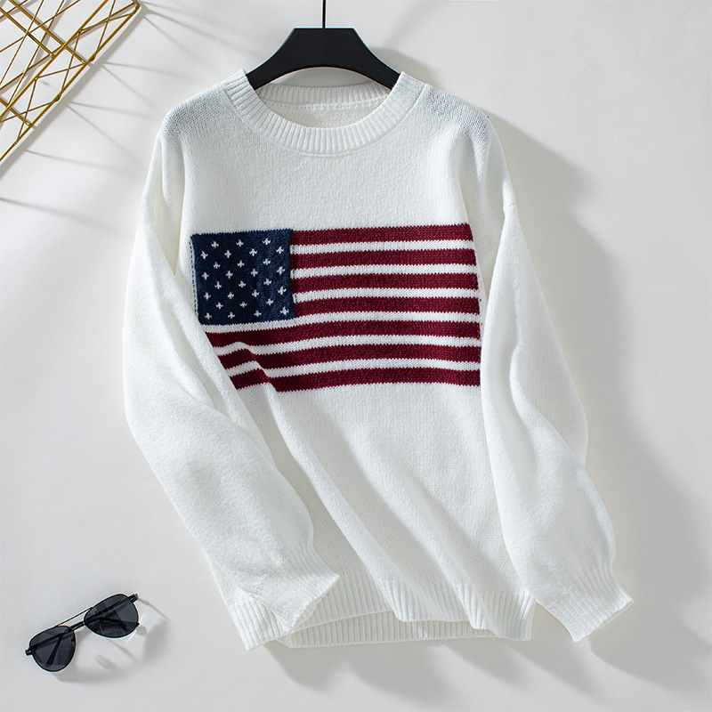 MaoMaoYu 2024 Autumn Winter New American Flag Pullover Round Neck Knitted Sweater Women's Fashion