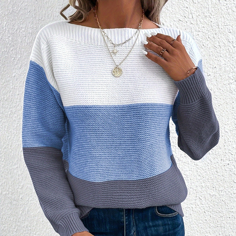 2024 Autumn and Winter New Knitted Sweater for Women, Color Block Patchwork, Round Neck, Long Sleeve Pullover Top