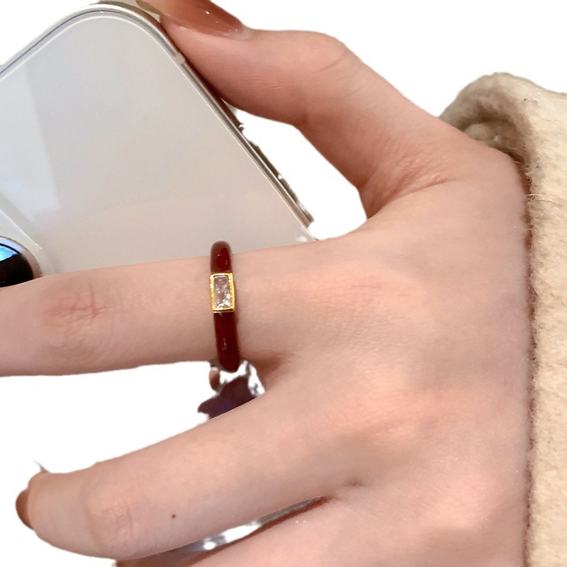 Gold - Toned Open Ring With Red Enamel & Small Rectangular Gemstone Delicate Daily & Elegant Jewelry Gift For Her High - Quality Stylish Accessory