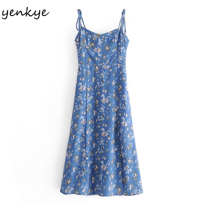 YENKYE Sweet Floral Print Holiday Summer Dress Women Sleeveless Sexy Slits A-line Midi Sling Chiffon Dress Female Party Vestido 210515
