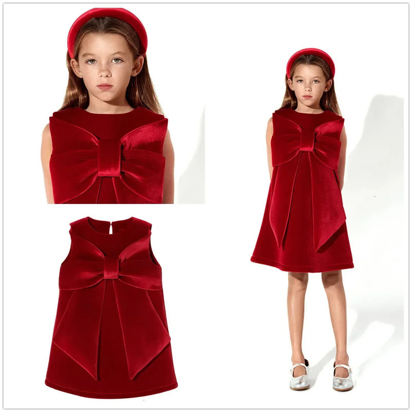 Fashion Girls Christmas Red Party Dress Big Bow Vest Dress Corduroy Girls Year Greeting Dress 1-6T 241219