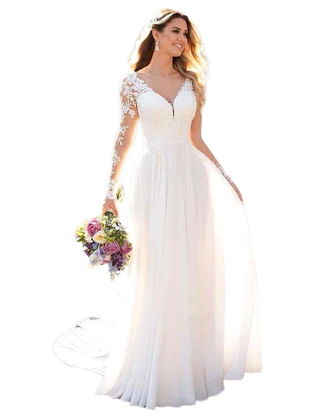 Summer Bohemian Wedding Dresses A Line Sheer Long Sleeves V Neck Appliques Lace Chiffon Bridal Gowns Beach Garden Robes de mariage BC4948 - view 5