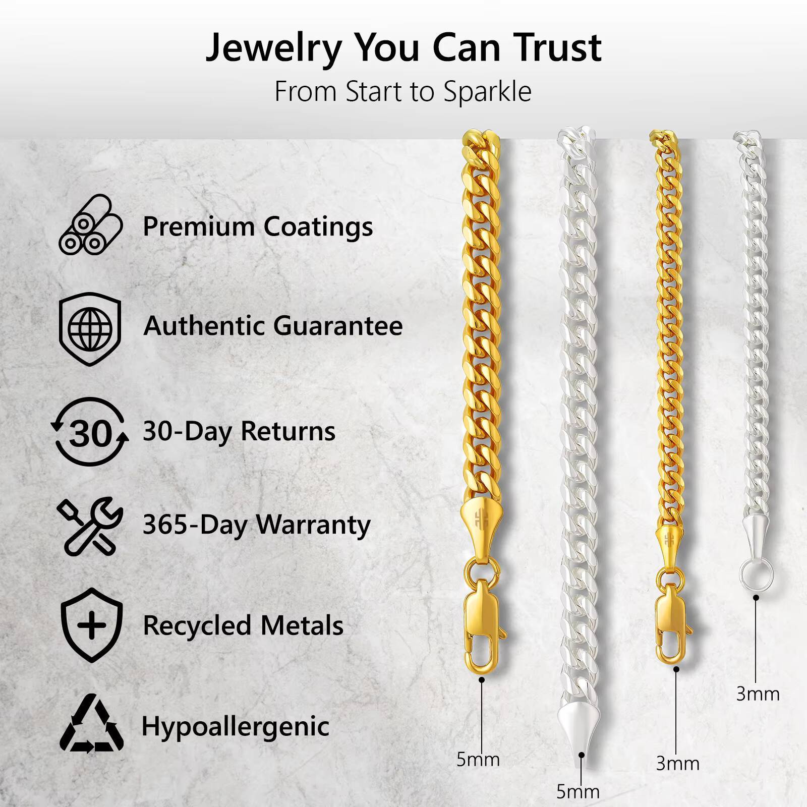 24K Gold Filled Sterling SilverCuban Link Chain Waterproof No Color Fading Women Men Jewelry Gifts 3mm 5mm Miami Cuban Necklace