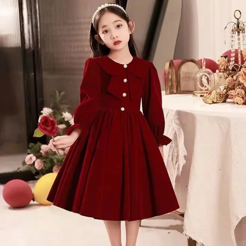 Girls Party Dress Winter Spring Children Birthday Clothes Thick Warm Plus Velvet Kids Formal Dresses for Girls Burgundy Red 241219