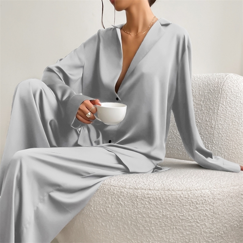 Women's Sleepwear Satin Pajamas Women Button-down Sleepwear Nightgown Turn-down Collar Pyjamas Nightwear With Trousers 2PCS Shirt Pants Suit 2302