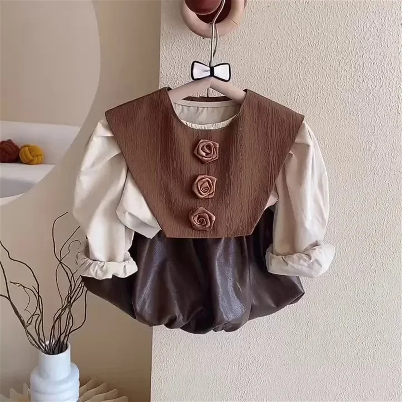 Children Girls Spring Autumn Clothes Set Leather Elastic Puff Skirts Suit Patched Rose Shawl Solid Shirts Infant Outfit 240920