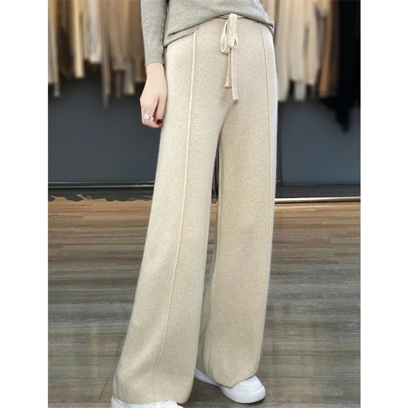 100% Pure Wool Womens High Waisted Wide Leg Autumn Winter Casual Loose Fitting Fashion Korean Cashmere Pants 2 Z260314