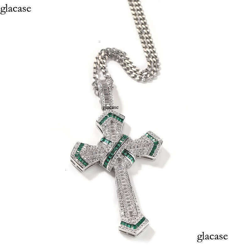 Hip Hop Cross Pendants Necklace Platinum Plated Men Women Lover Gift Religious Jewelry with Leather Rope Chain