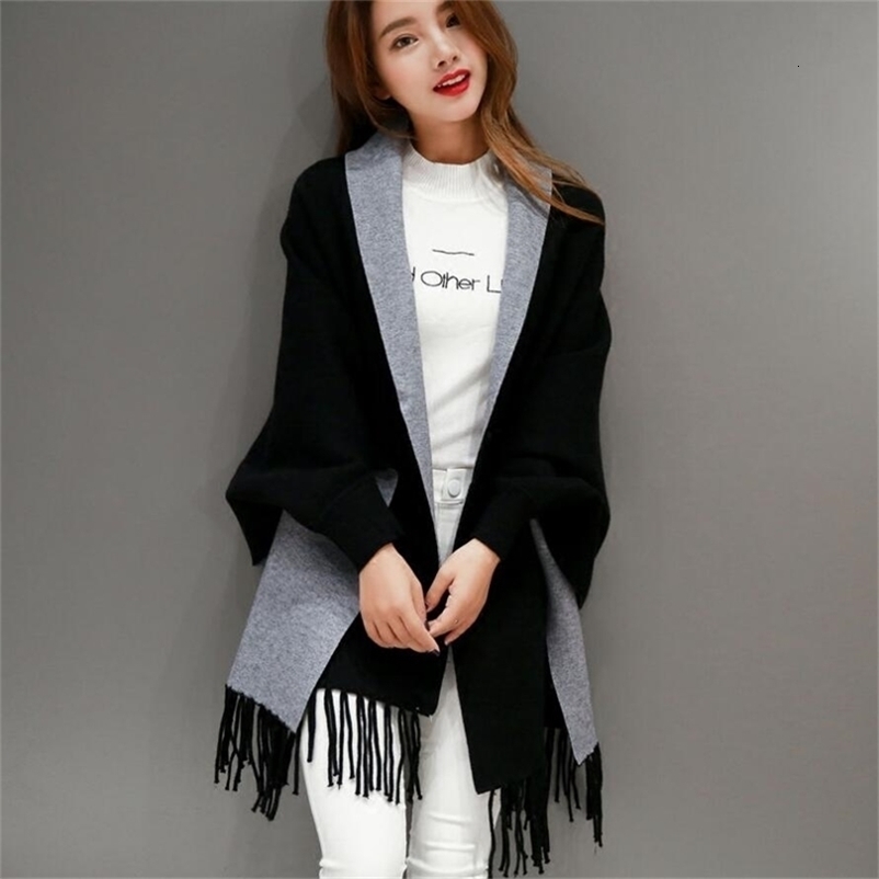 Autumn Winter Fashion Lady Tassel Knitted Shawl Sweater Women Solid Batwing Sleeve Poncho Cardigan wrap swing 211018