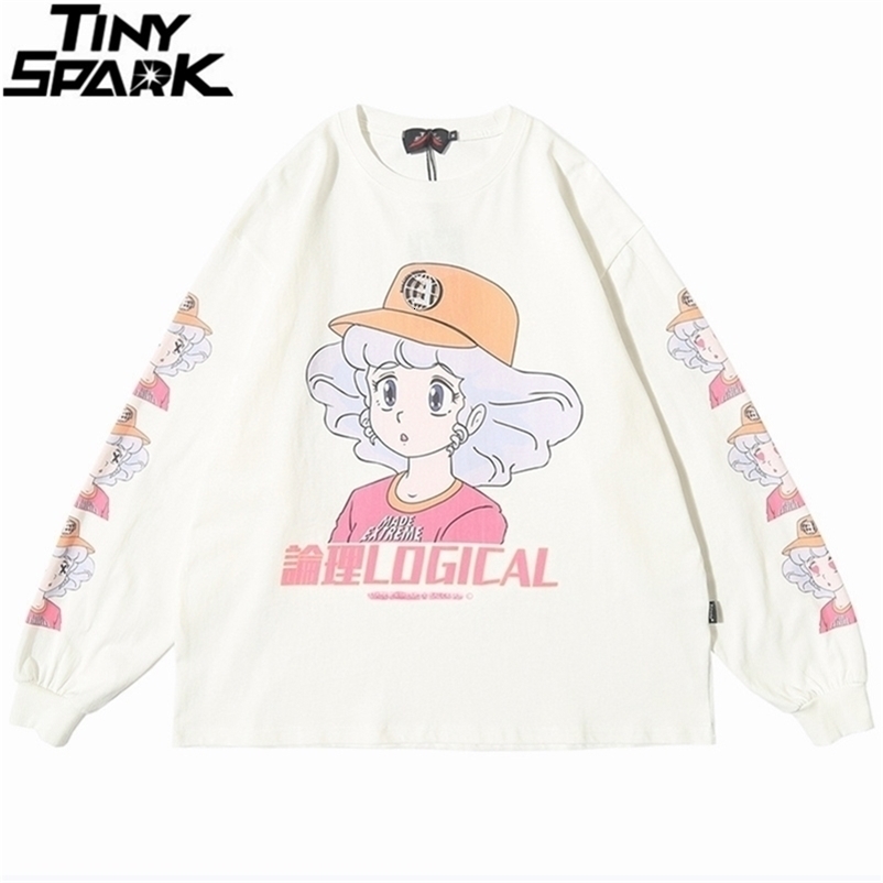 Men Hip Hop T Shirt Streetwear Cartoon Girl Print Harajuku Tshirt HipHop Oversize T-shirt Anime Cotton Tops Tee Long Sleeve 210329