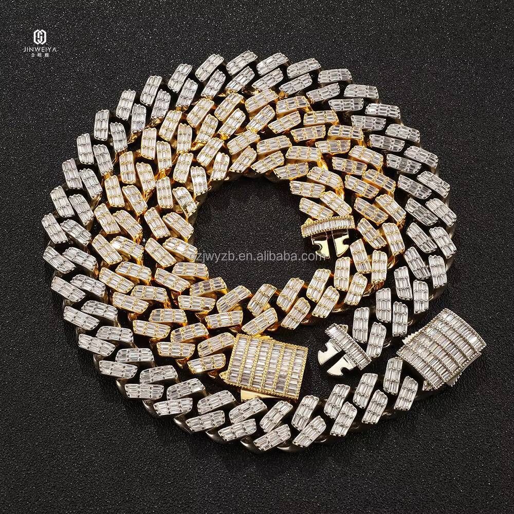 New Arrival Hip Hop Jewelry Diamond Moissanite Iced Out 925 Silver Gold Plated Men Necklace Baguette Cuban Chain