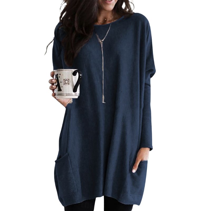 Women's Early Autumn Fashion Casual Navy Blue Long - Sleeve Top, Milk Silk Loose Mid - Length Tunic with Pockets-CF52906