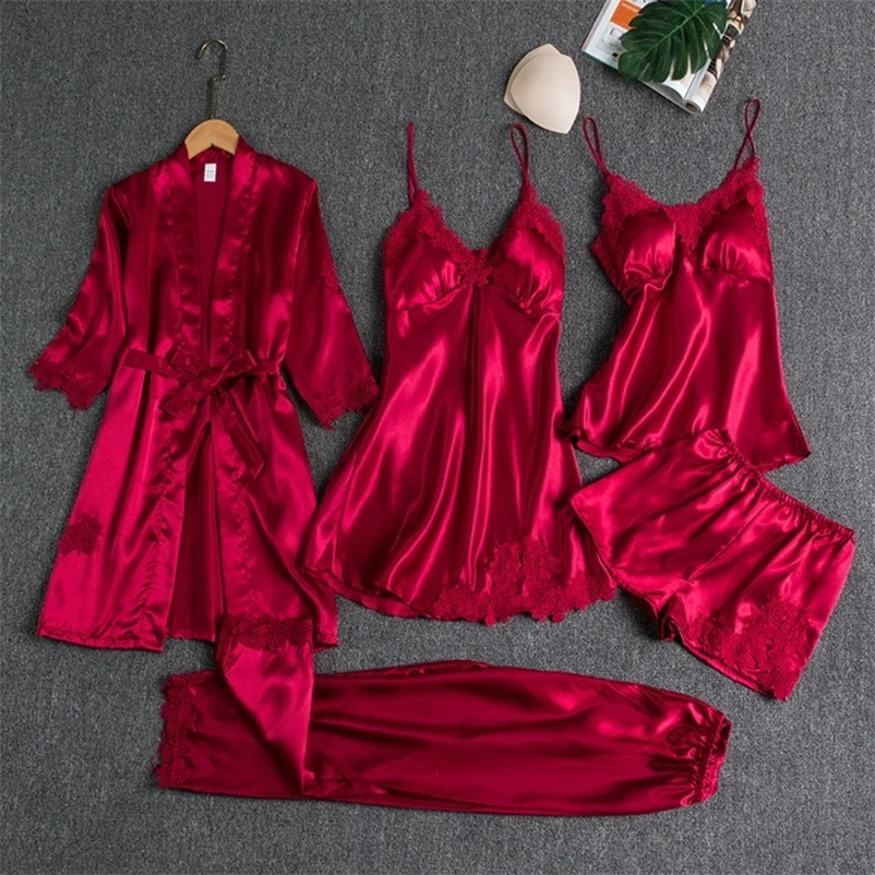 5PC Silk Robe Sleep Suit Womens Lace Satin Pajamas Gown Set V-Neck Cami Nighties Wear Pijama Home Nightwear Spring Nightdress 250226bj