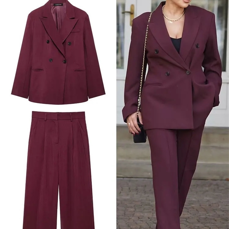 TRAFZA Women Vintage Wine Red Blazer Pant Suits Double Breasted Long Sleeve Coat Zipper Fly Straight Trousers Lady Office Sets 241217