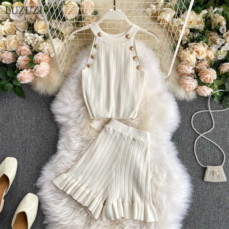 LUZUZI Fashion Summer Knit Vest Shorts Women's Suit Sleeveless Buttons Tops Short Pants Clothing Two Pieces Sets 210708