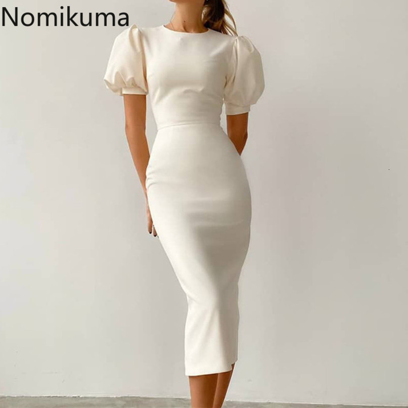 Nomikuma Spring Summer Puff Short Sleeve Women Dress Fashion Elegant Bodycorn Dresses Korean High Waist Dresses 6G245 210427