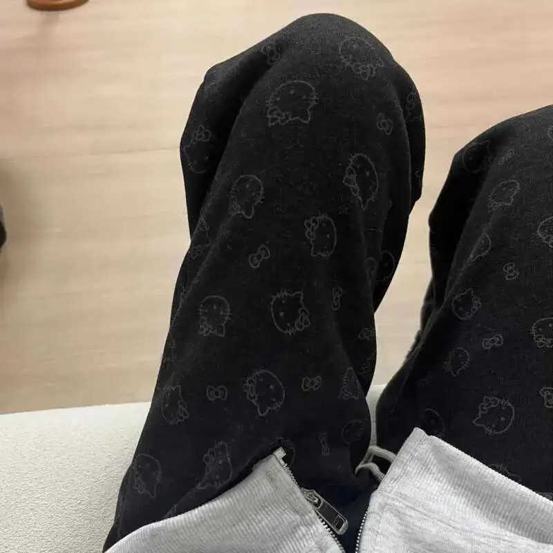 Sanrio Oversized Hellokitty Cute Thick Pant Girls Anime Kitty Printed Kawaii Trousers Elastic Waist Casual Straight Black Pants L250925
