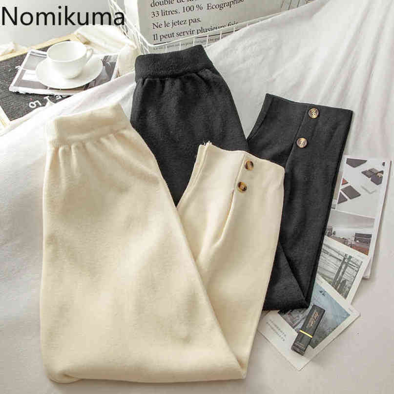Nomikuma Knitted Buttons Harem Pants Causal Stretch High Waist Ankle-length Trousers Spring New Women Sweater Pants 6E105 210427