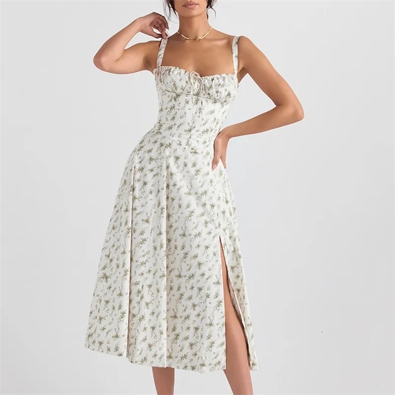 Women Summer Boho Spaghetti Straps Split Thigh Midi Dress Tie Front Solid Floral Print Sleeveless Vintage A Line Beach Dresses 240319