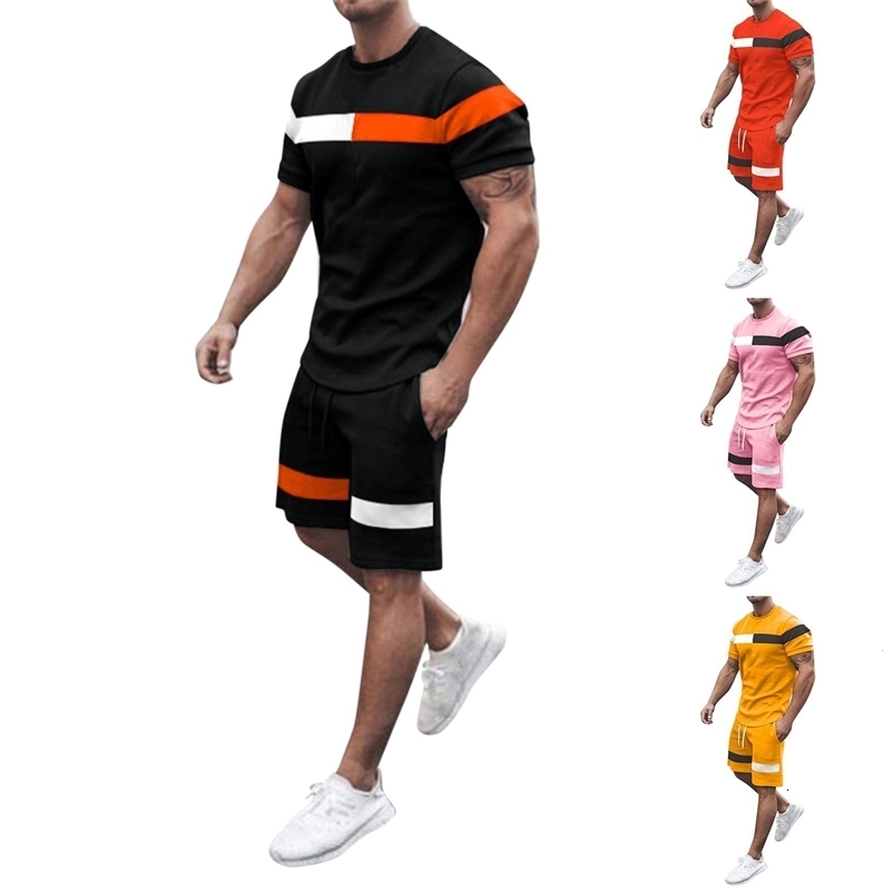 Men's Tracksuits Suit Modern Fit Men Summer Spring And Summer Striped Squares Tracksuit 2 Piece Outfits Short Sleeve T Shirts And Men S Slim Suit
