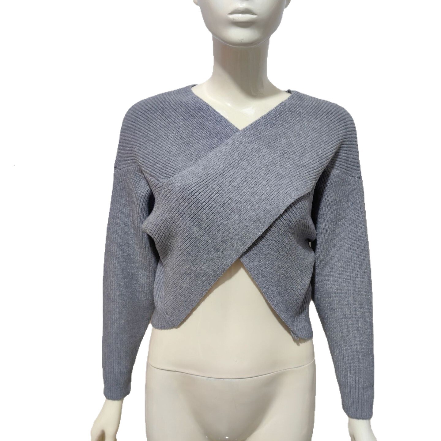 Autumn Winter Women's Knitted Solid Color Cross-Over Crop Sexy Pullover V-Neck Sweater Coat