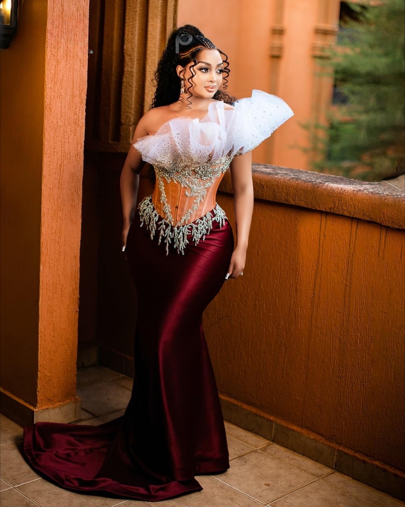 Aso Ebi Burgundy Mermaid Prom Dress Beaded Crystals Lace Evening Formal Party Second Reception 50th Birthday Engagement Gowns Dresses Robe De Soiree B