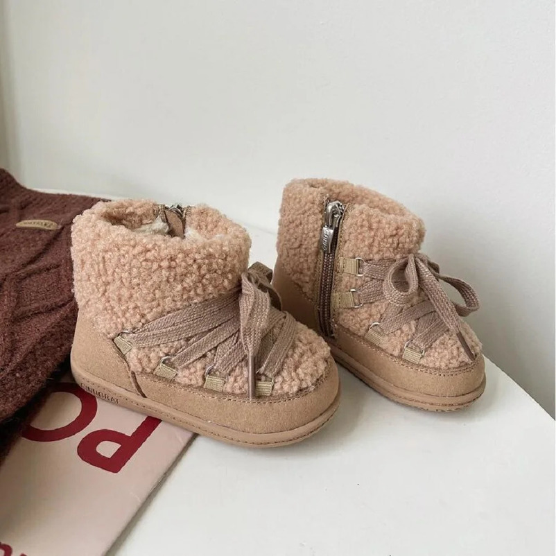 Size 16-30 Girls Cotton Boots Winter Girls Short Boots Lamb Hair Boys Fashion Soft Sole Walking Shoes Camel Grey 241219