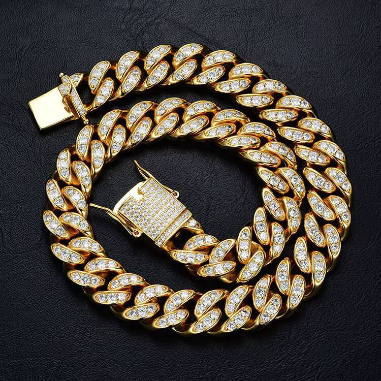 Hip Hop 15mm Cuban Chain Iced Rhinestone Miami Choker CopperSilver Alloy with Gold Plating Fashionable Necklaces Jewelry