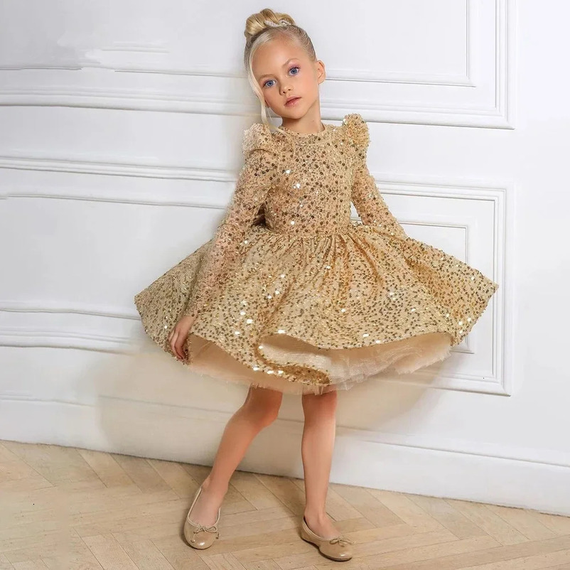 Children Clothing Baby Girl Puffy Gauze Dresses Birthday Elegant Princess Prom Dress for Kids Gold Sequin Long Sleeve Ball Gown 241219