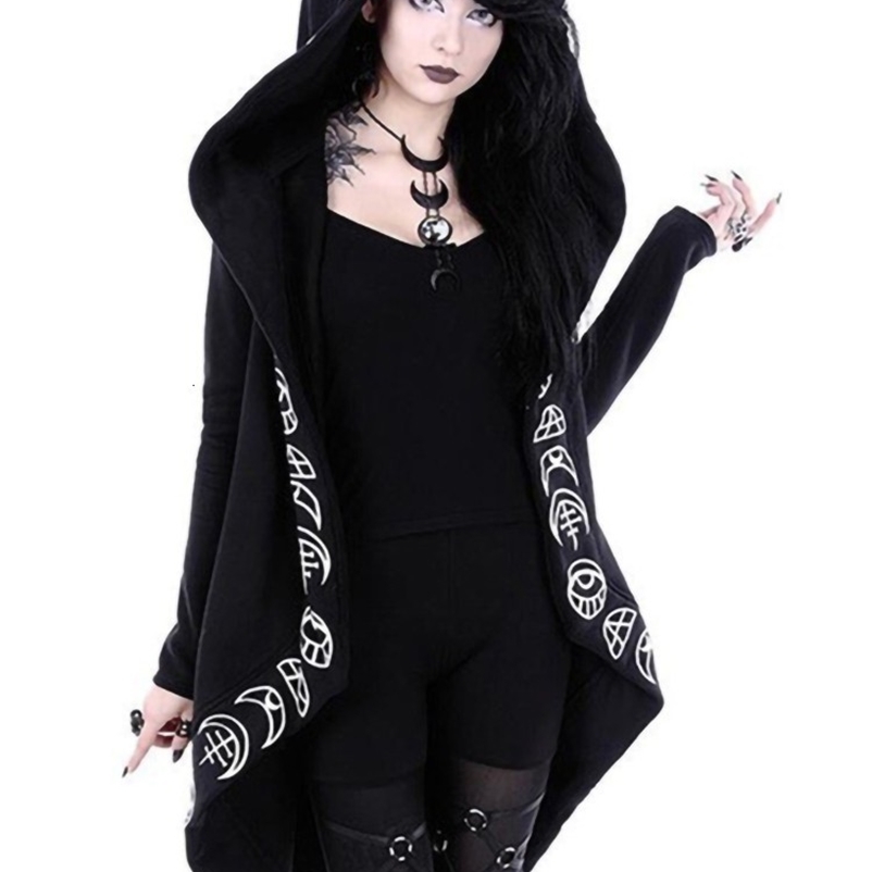 Women's Hoodies Sweatshirts Gothic Punk Black Long Women Hoodies Sweatshirts Halloween Moon Print Long Sleeve Hoodie Women Loose Coat Hooded Swea