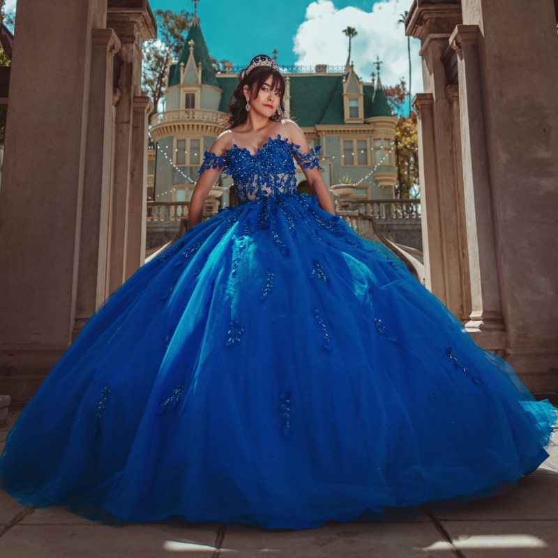 Royal Blue Shiny Quinceanera Dresses Off The Shoulder Applique Lace Beading Crystal Tull Party Birthday Sweet 16 Dress Vestidos 15 De Anos