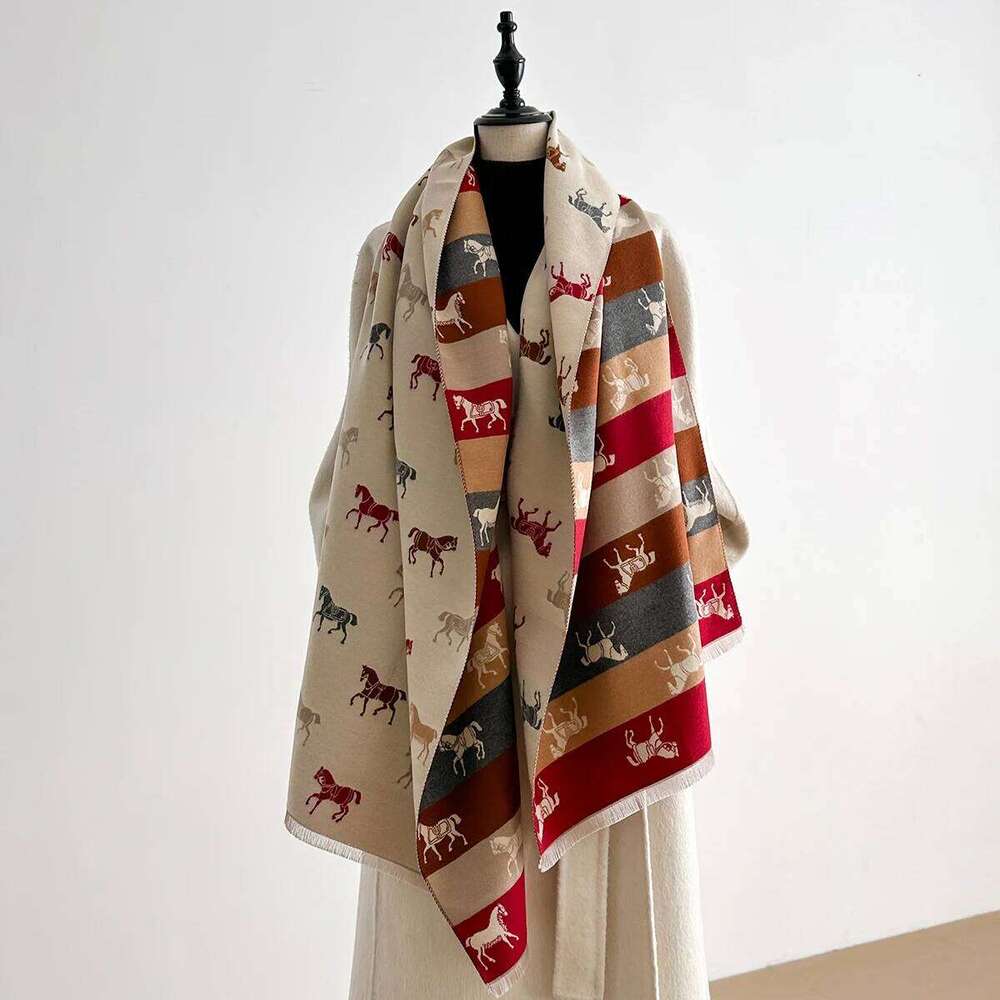 Latest Design Elegance Horse Print Scarve Soft Warm Fringe Pashmina Shawl Winter Coldproof Windproof Blanket Scraf