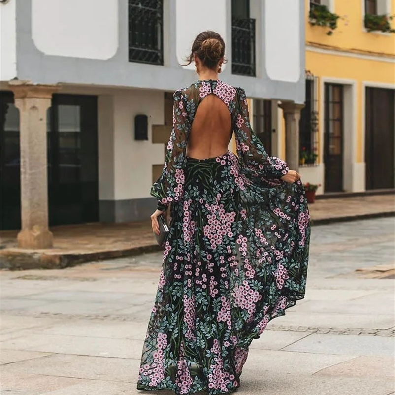 Sexy Backless Bohemian Print Dress Maxi Dress Womens Travel Holiday Backless Floor-length Dress Daisy-print Beach Party Dress 240319