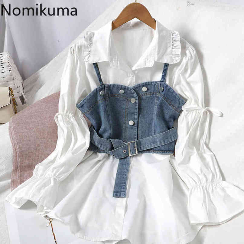 Nomikuma Spring Women 2piece Sets Lace Up Puff Sleeve Turn-down Collar Blouse + Sashes Slim Waist Sling Demin Vest 6D998 210427
