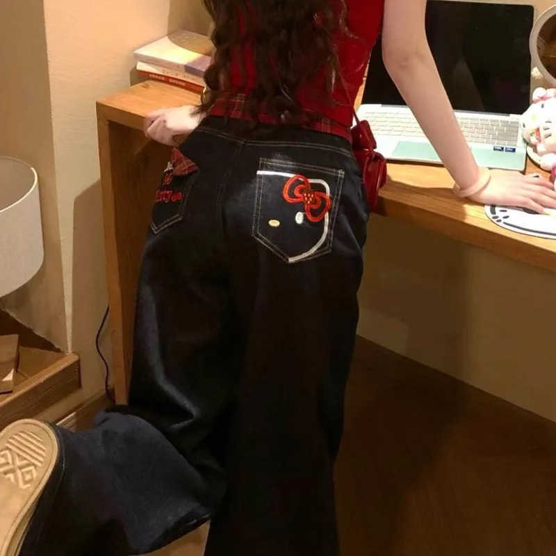 Sanrio New Cute Hello Kitty Embroidered Jeans Y2k Womens Trendy Red Checkered Splicing Slim Fit Straight Long Pants Clothes L250925