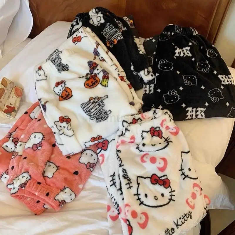 Sanrio Kawaii Hello Kitty Flannel Pajama Pants Girls Pants Autumn and Winter Coral Velvet Thickened Plus Velvet Warm Casual Home Pants L250925