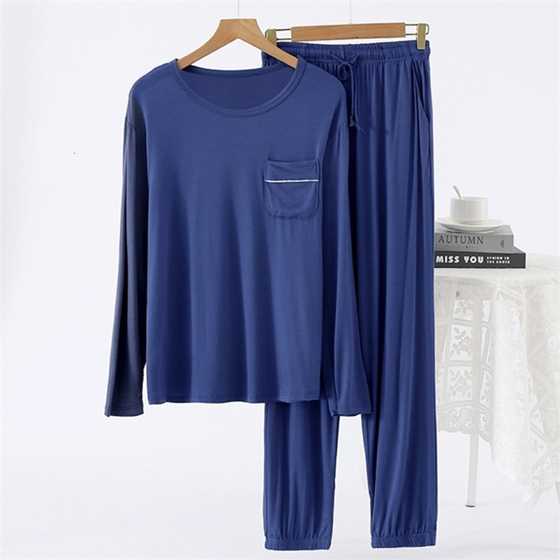 Men's Sleepwear L-4XL Men Casual Pajamas Set Round Neck Home Clothes Long Sleeved Trousers Suit Spring Autumn Male Sleepwear Loungewear Pijama 23