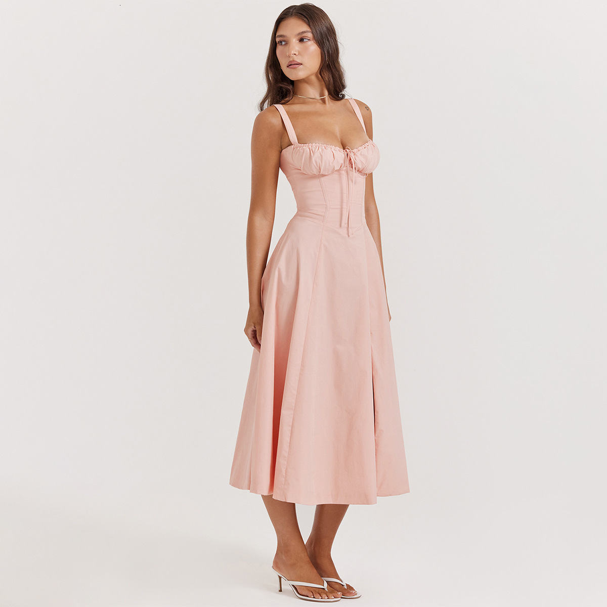 Summer New French Style Elegant with Tie Waist Slimming A-line Slit Strap Dress for Women