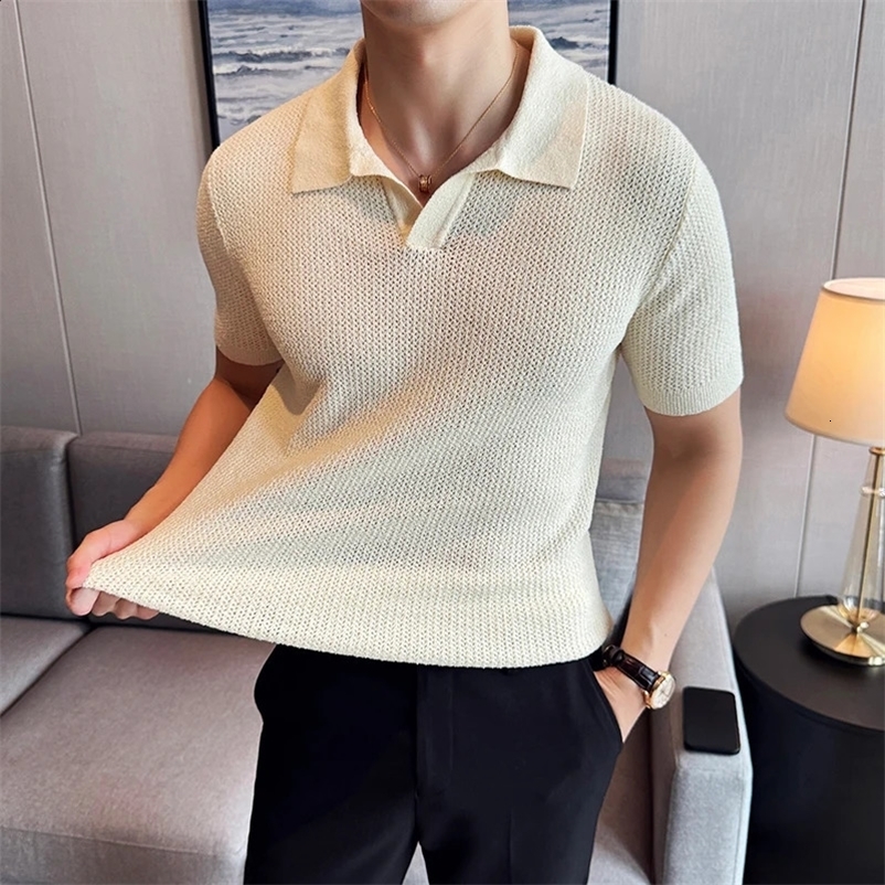 Summer hollow knitted short sleeved polo shirt mens elastic mesh casual T-shirt mens V-neck slim fit breathable polo shirt 250317