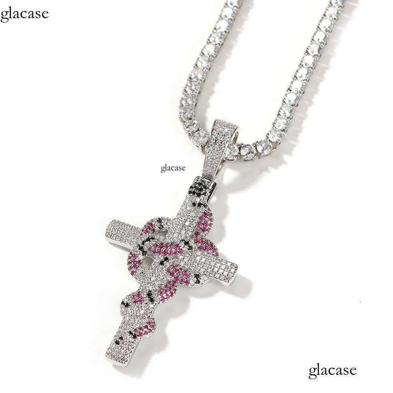 Hip Hop Colorful Snake Cross Pendant Necklace TopBling Full Cubic Zirconia Religious Jewelry