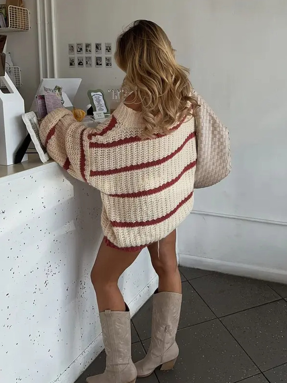 Autumn Winter Casual Striped Lantern Sleeve Off-Shoulder Knitted Sweater Fashion Loose Top for Women