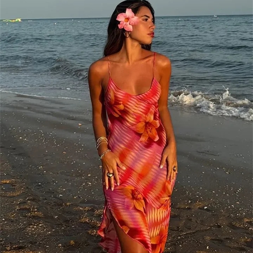 Chic Flower Printed V Neck Beach Dress For Women Fashion Sleeveless Backless Ruffles Midi Dresses 2025 Summer Lady Holiday Robes 250218