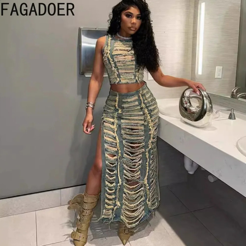 FAGADOER Fashion Streetwear Womens Denim Hollow Sleeveless Crop Top and Side Seam Skiing Two Piece Set Sexy 240810