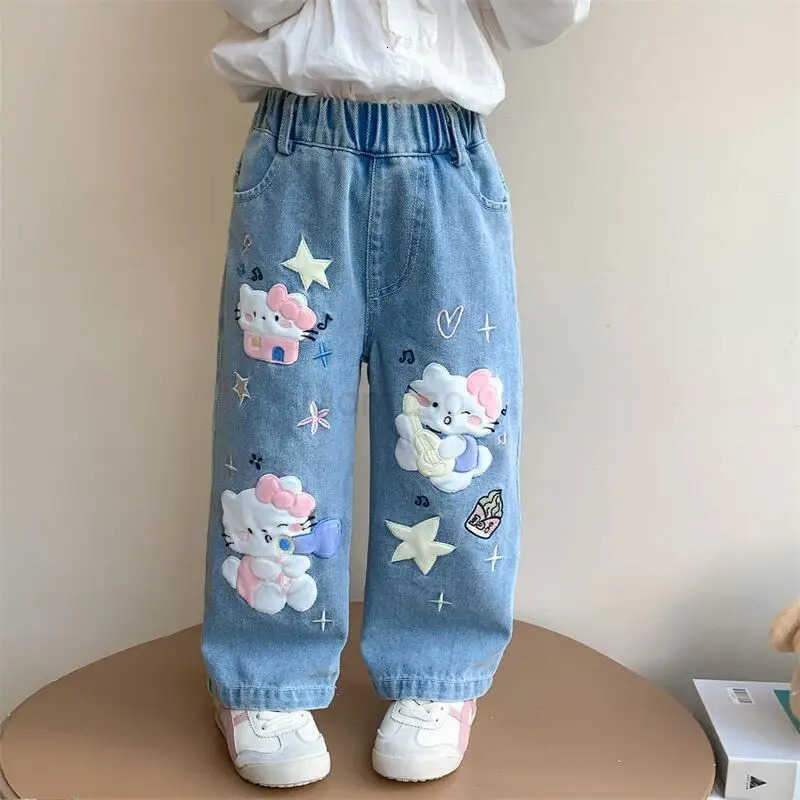 Sanrio Hello Kitty Jeans Girl Spring Autumn StraightLeg Pants Child Versatile Kawaii Anime Cartoon Fashion New Casual Clothing L250925