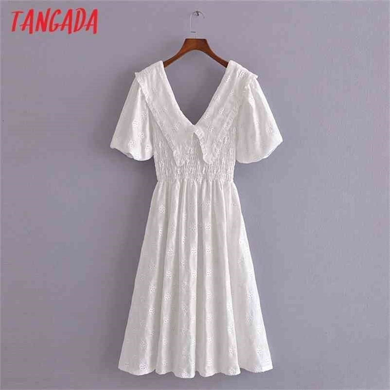 Tangada Women White Cotton Embroidery Romantic Dress Puff Short Sleeve Backless Females Midi Dresses Vestidos 3H271 210630
