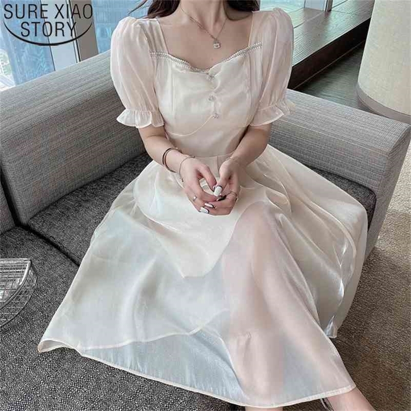 Summer Dresses Sweet Square Collar Flare Sleeve Dress Women High Waist Short Sleeve Midi Long Dresses Spring Robe 14088 210519