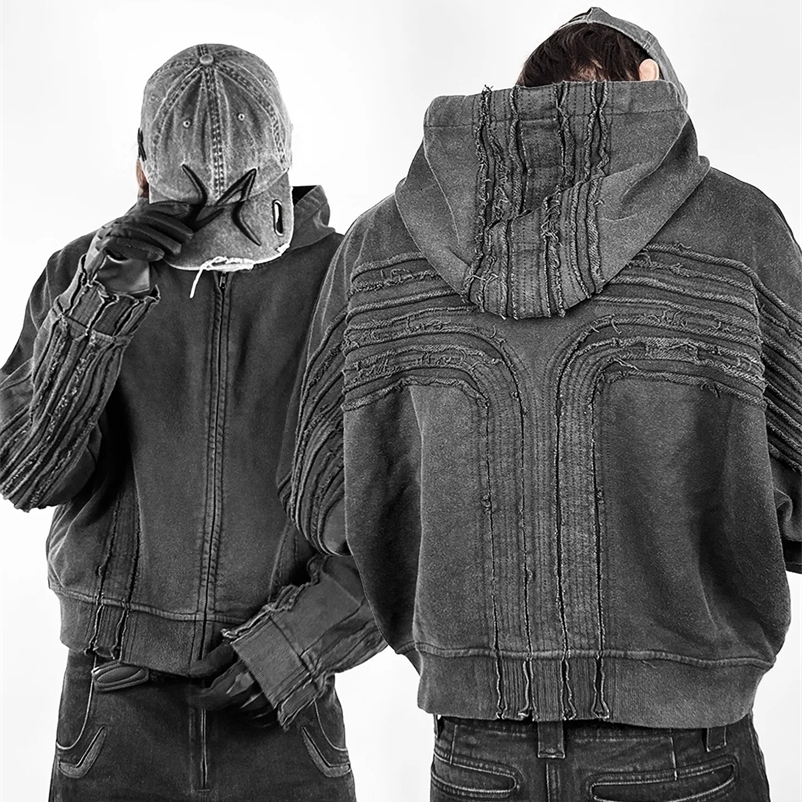 Y2K Retro Cross Splicing Work Mens Fashion Hoodie Gothic Fashion Street Hip Hop Zipper Hoodie Splicing Work Clothes Sportswear 241203