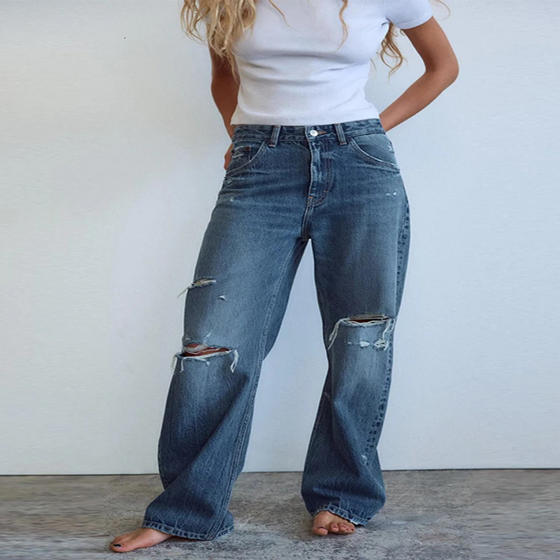 Cracked hole womens jeans Trouser straight pocket low waist denim pants Washing Distressed Dragging jeans Street Wear casual pants 250415