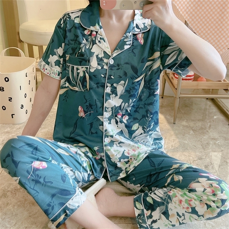 Women's Sleepwear Sale Women Home Wear Spring Summer Short Sleeved Women Pajamas Set Long Pant Pyjamas Sets Cotton Leisure Sleepwear Set 230321