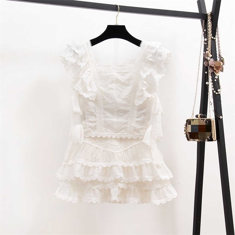 Summer Sexy Hollow Out Embroidery Lace Set Women's Suits Ruffles Short Sleeve Tops + White Mini Short Skirts 2 Piece Sets 210708